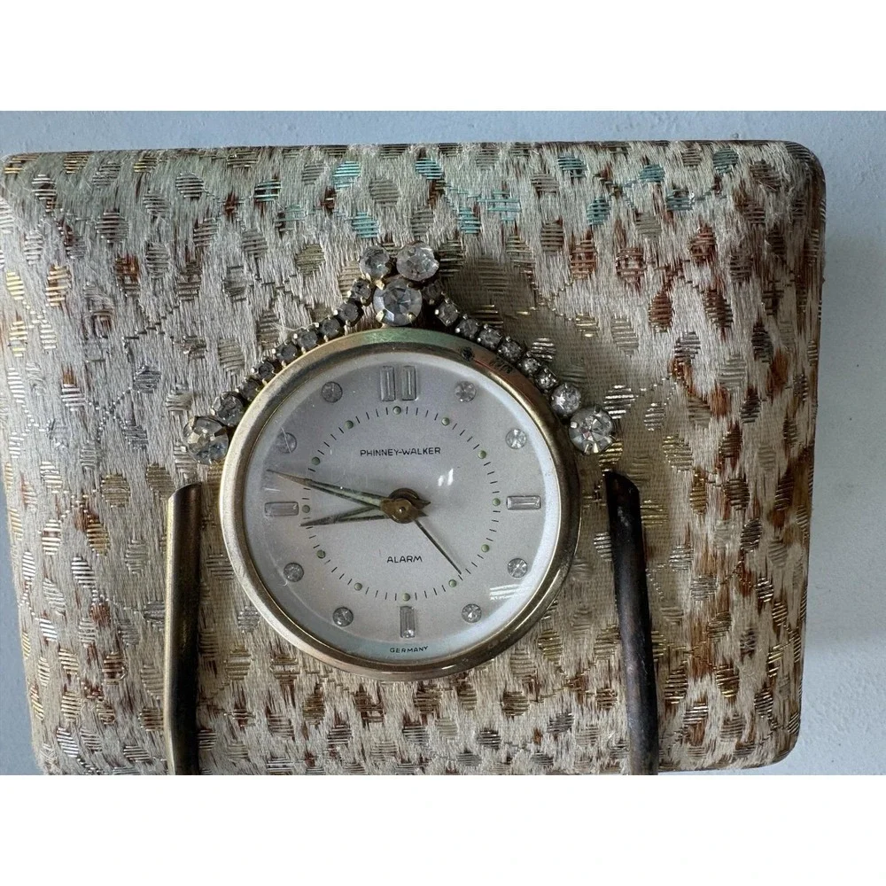 Vtg Phinney-Walker German Rhinestone Purse Jewelry Box Working Alarm Clock TubX